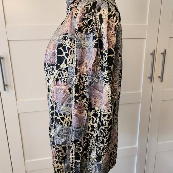 vintage silky blouse black gold silky blouse turtle neck pleated abstract size 8 - Picture 4 of 10